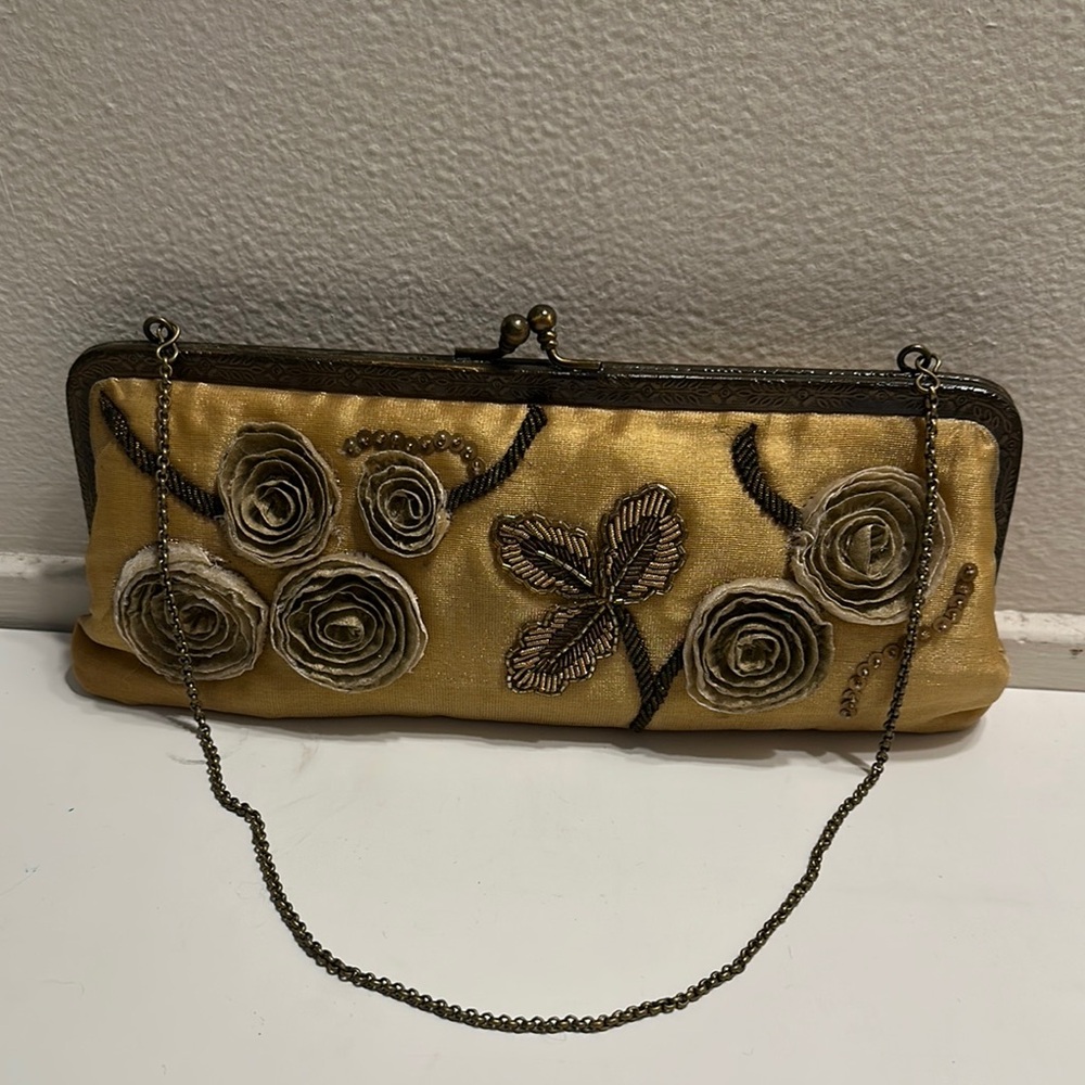 Gold and Brown Floral Clutch with Chain